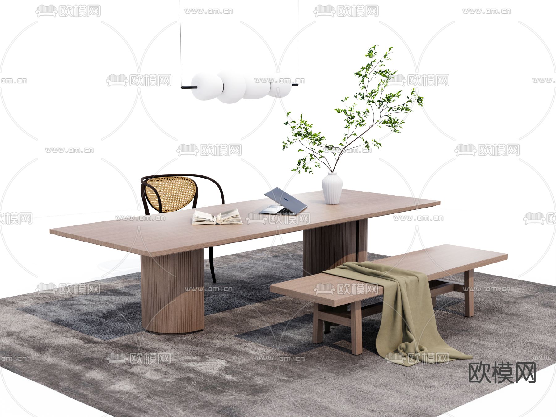 现代实木书桌椅组合su模型下载（渲染图3）