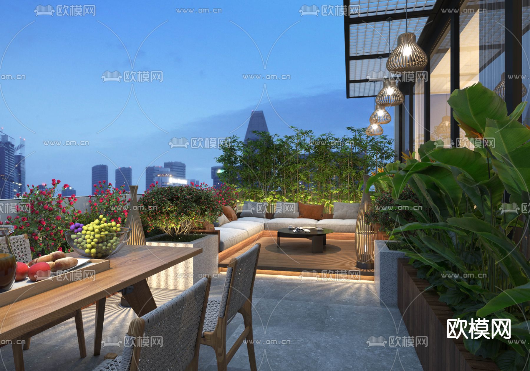 现代休闲露台夜景 花园3d模型下载_ID12129392_3dmax免费模型-欧模网