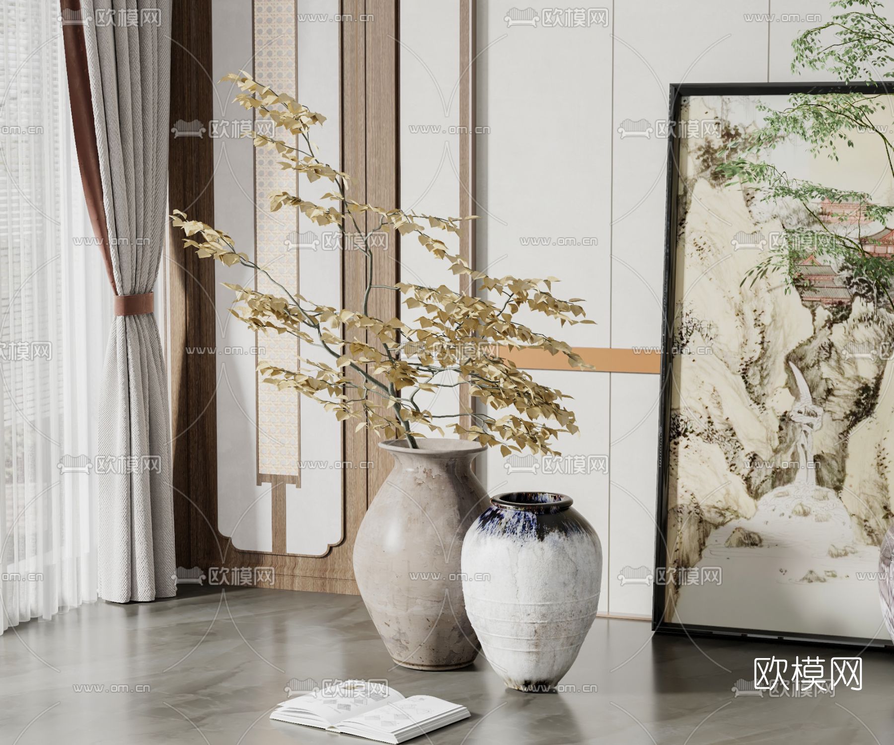 新中式干枝花瓶器皿3d模型下载