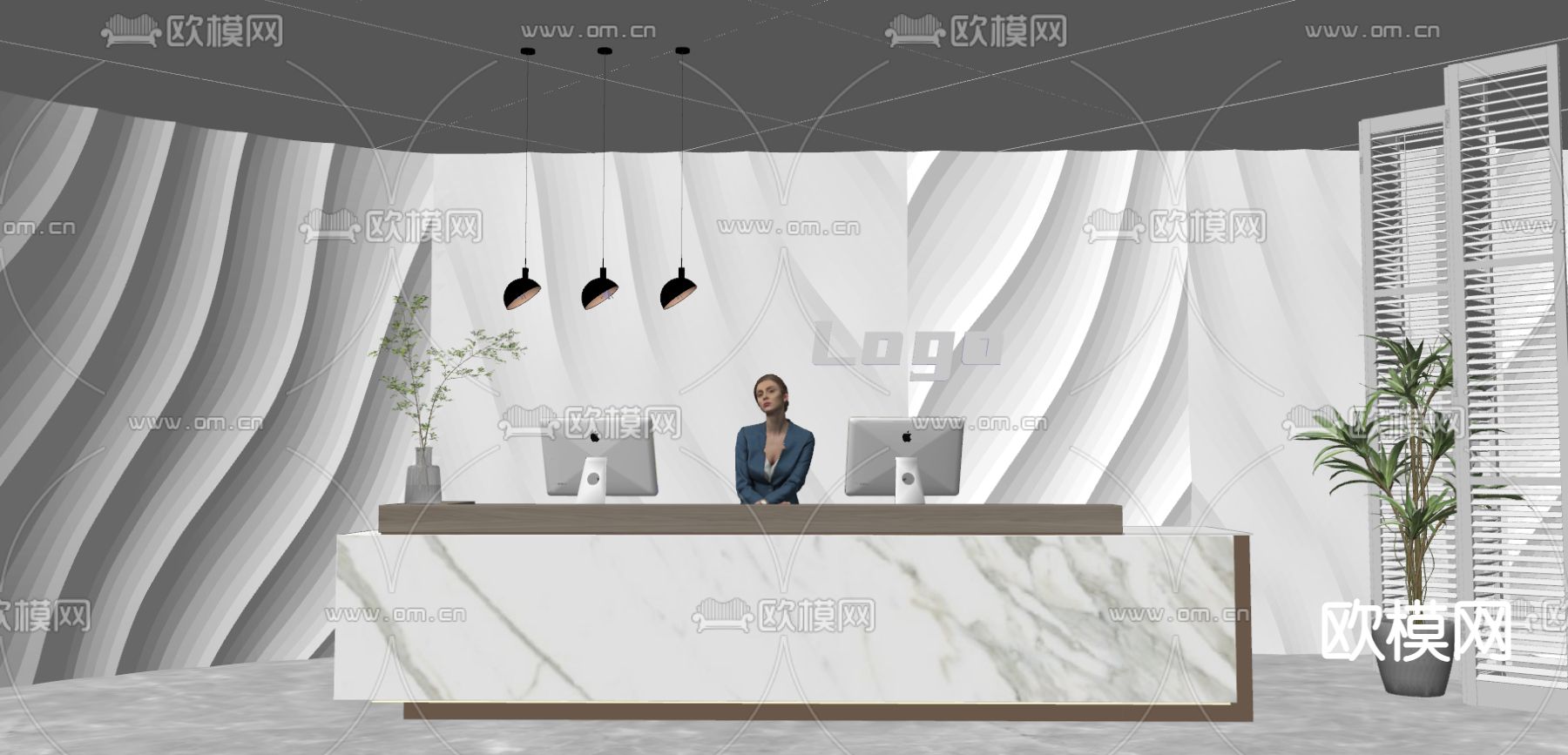 现代公司前台 接待处su模型下载（渲染图2）