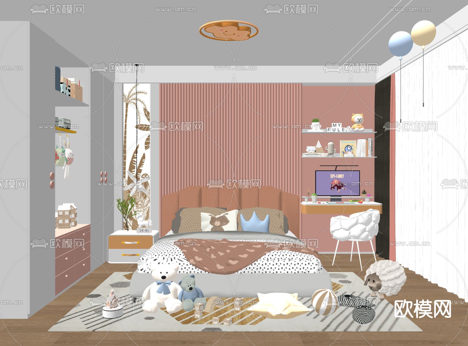 现代粉色儿童房 女孩房su模型下载（渲染图2）