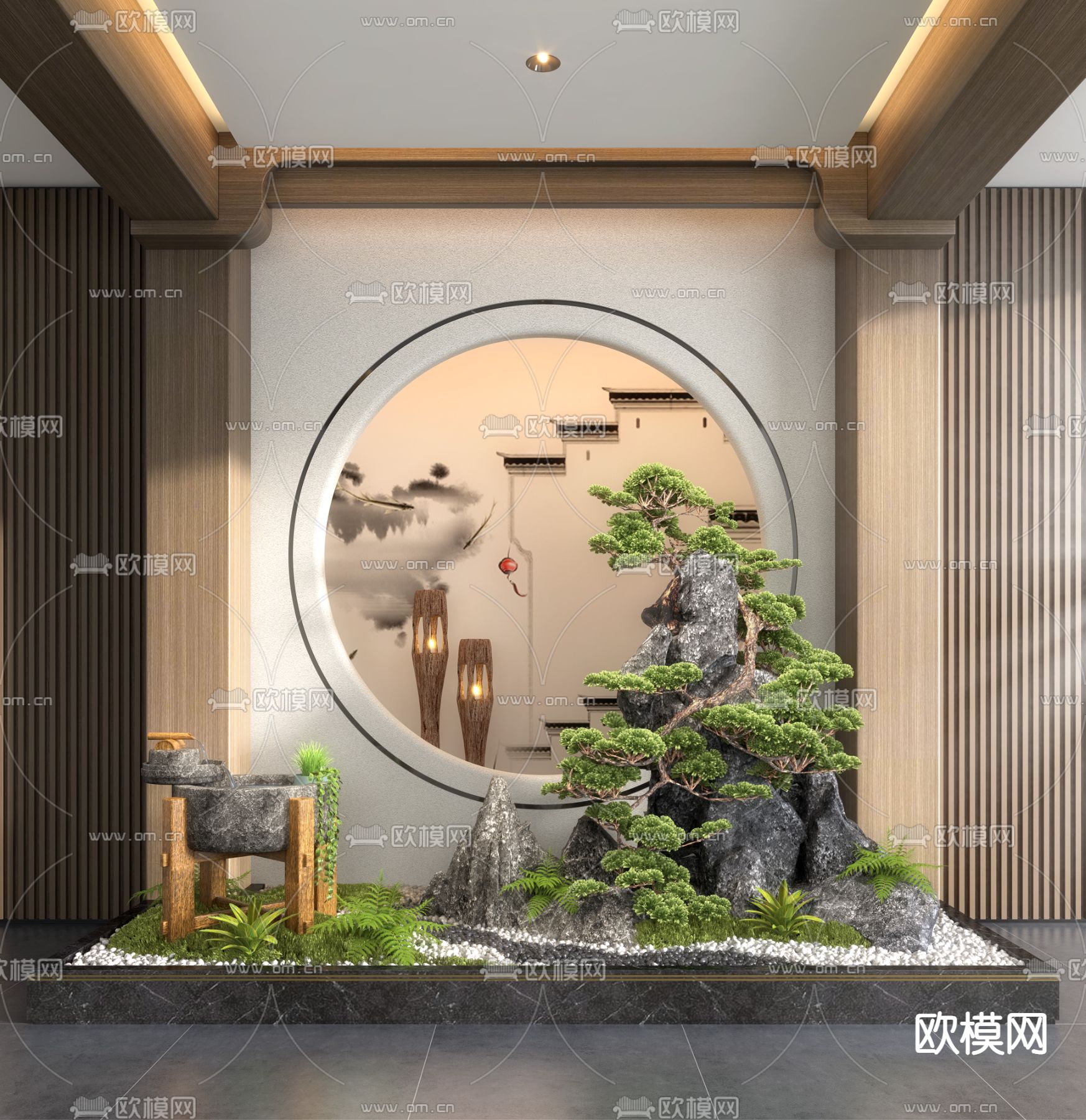 新中式假山景观小品3d模型下载