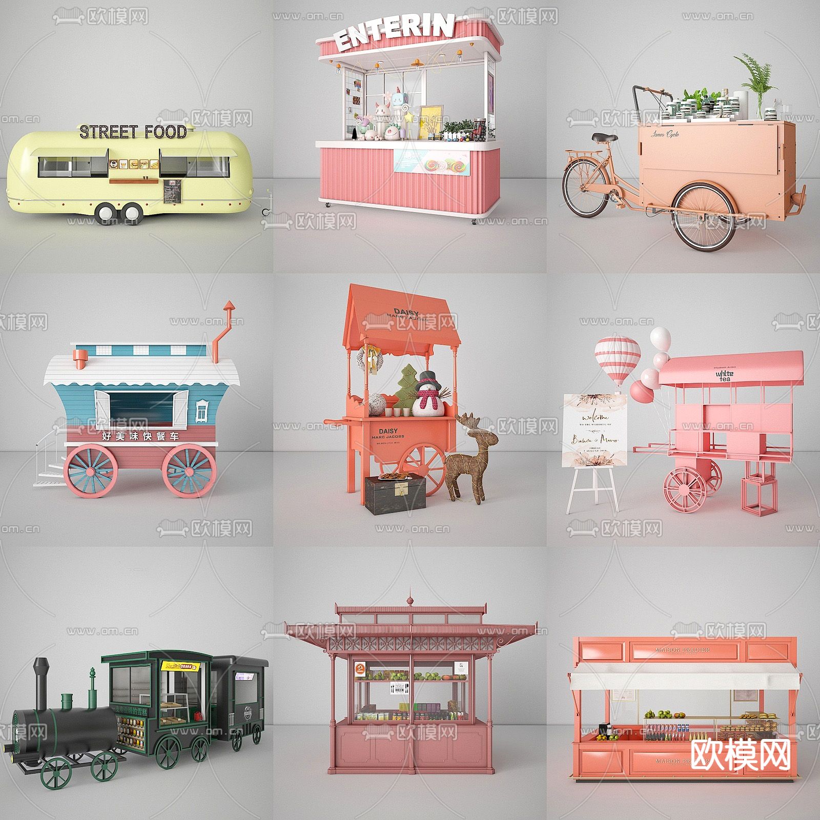 快餐车 甜品站 售卖亭 地摊外摆su模型下载（渲染图1）