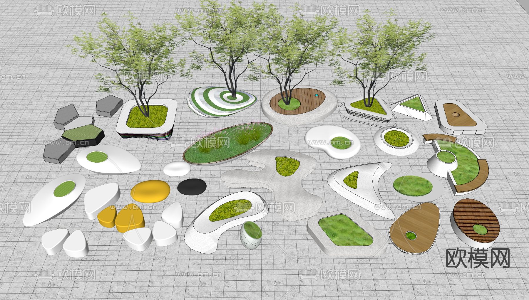 现代异形景观树池座椅su模型下载