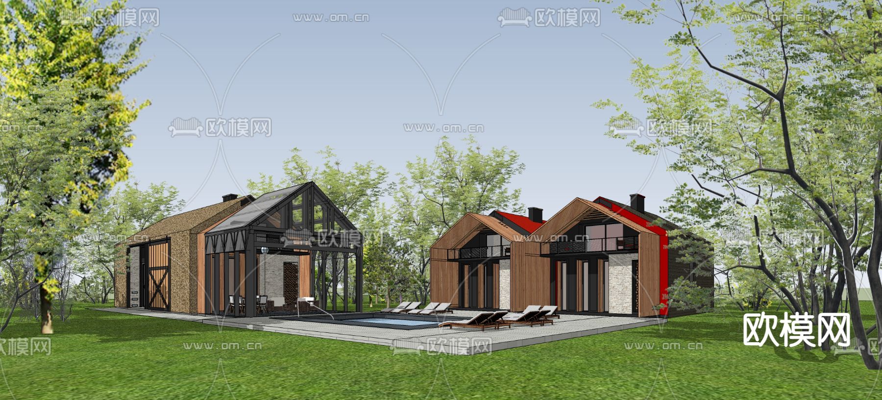 现代民宿独栋别墅夜景su模型下载（渲染图2）