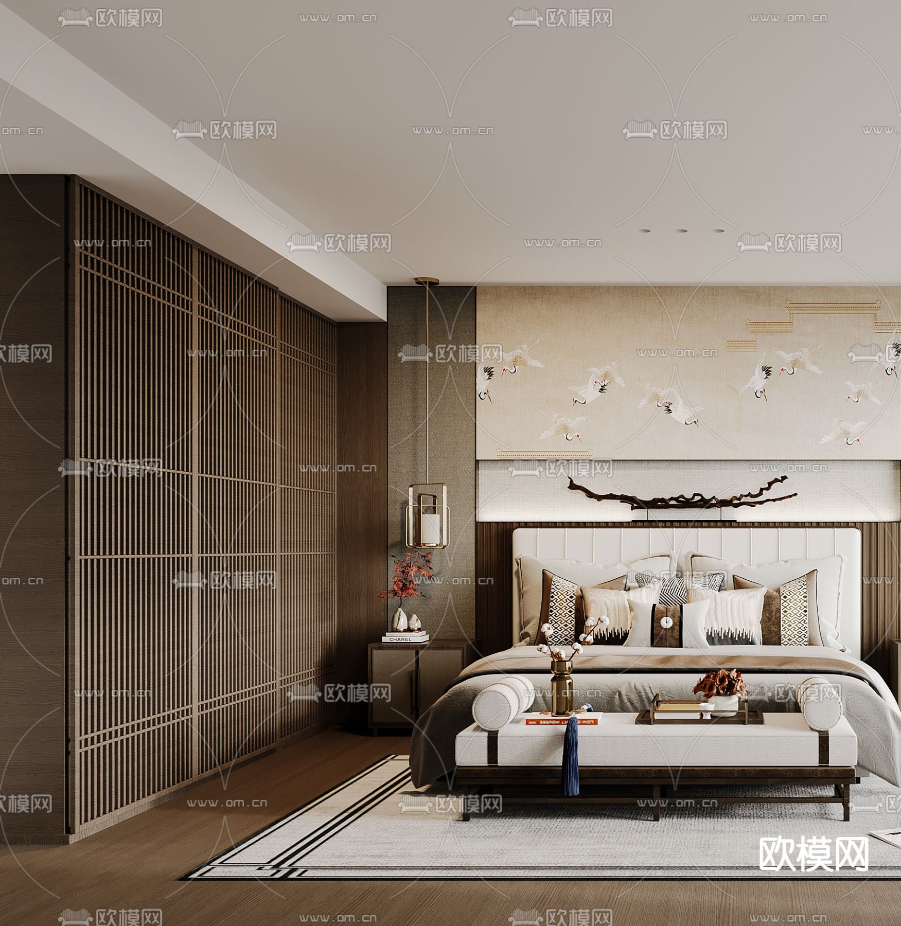 新中式轻奢卧室 主人房3d模型下载（渲染图3）