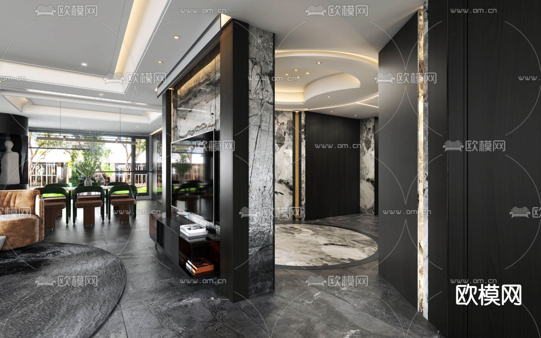 现代高级灰客厅餐厅3d模型下载（渲染图3）