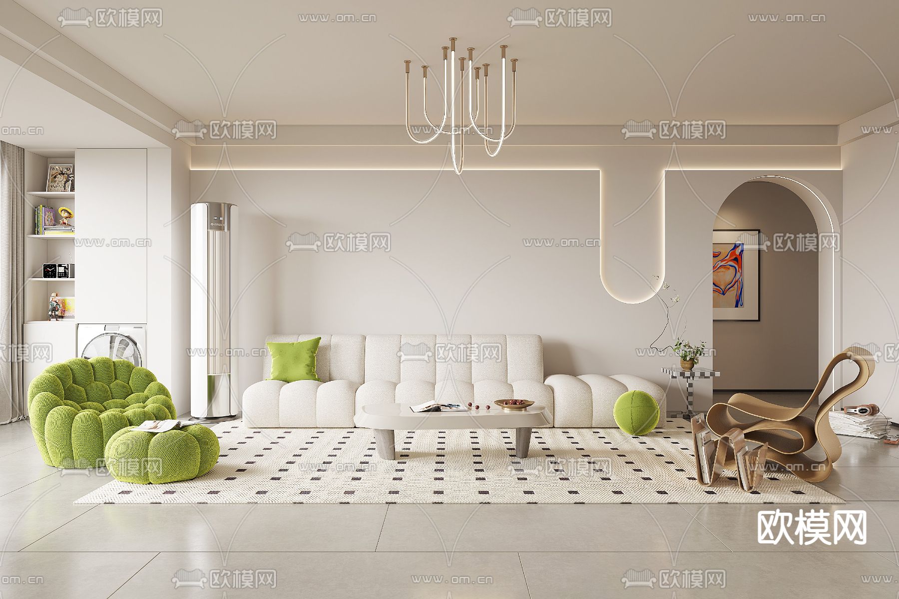 现代奶油风客餐厅3d模型下载（渲染图1）