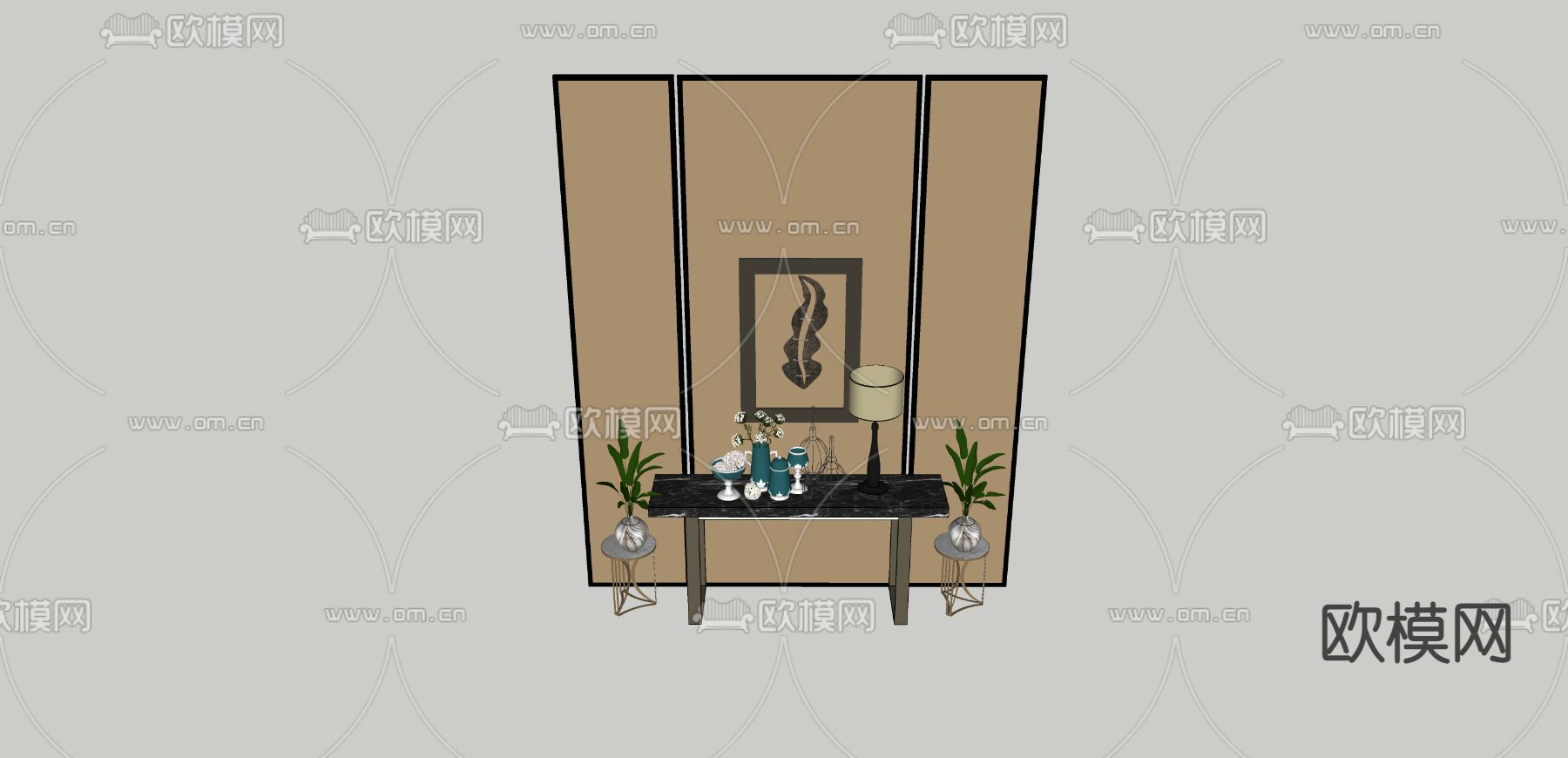 新中式玄关条案 背景墙su模型下载（渲染图2）