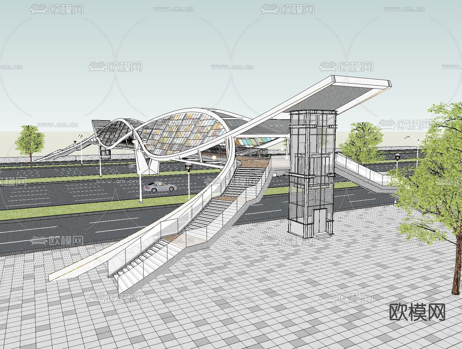 现代过街天桥su模型下载_ID12133170_sketchup模型下载-欧模网
