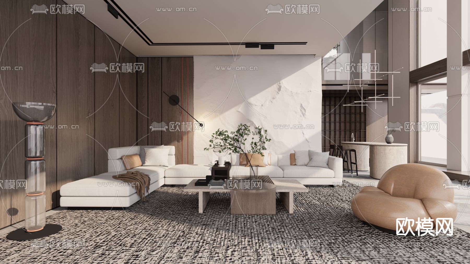 现代复式别墅客厅su模型下载（渲染图1）