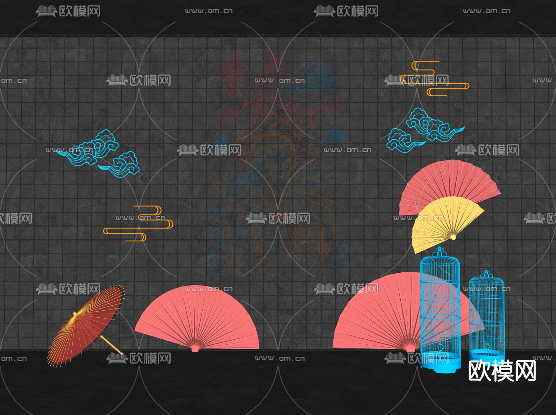 新中式国潮京剧霓虹灯 打卡墙su模型下载（渲染图2）