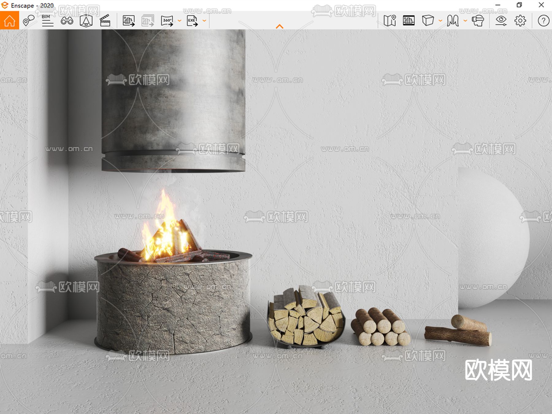 现代圆形壁炉 篝火su模型下载（渲染图3）