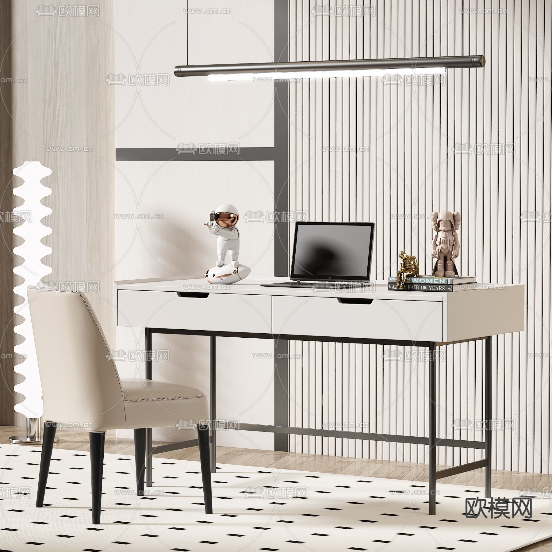 现代奶油风书桌椅 书台 写字台3d模型下载_ID12129582_3dmax免费模型-欧模网