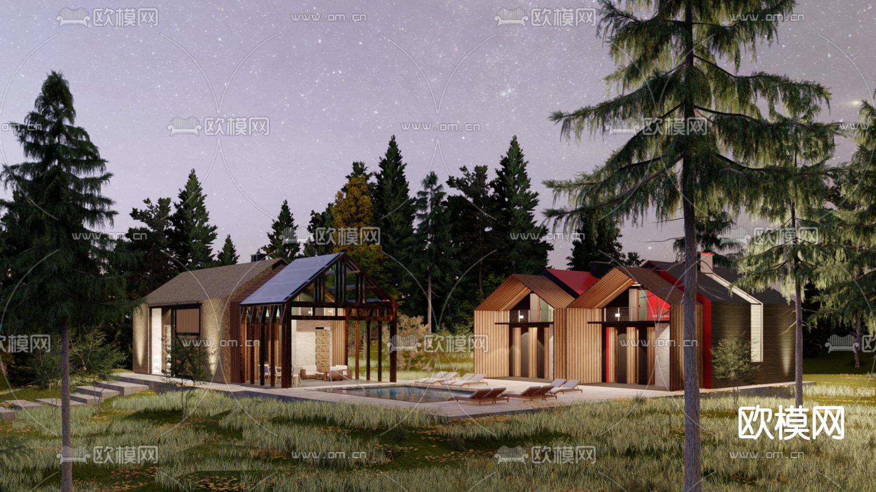 现代民宿独栋别墅夜景su模型下载（渲染图1）
