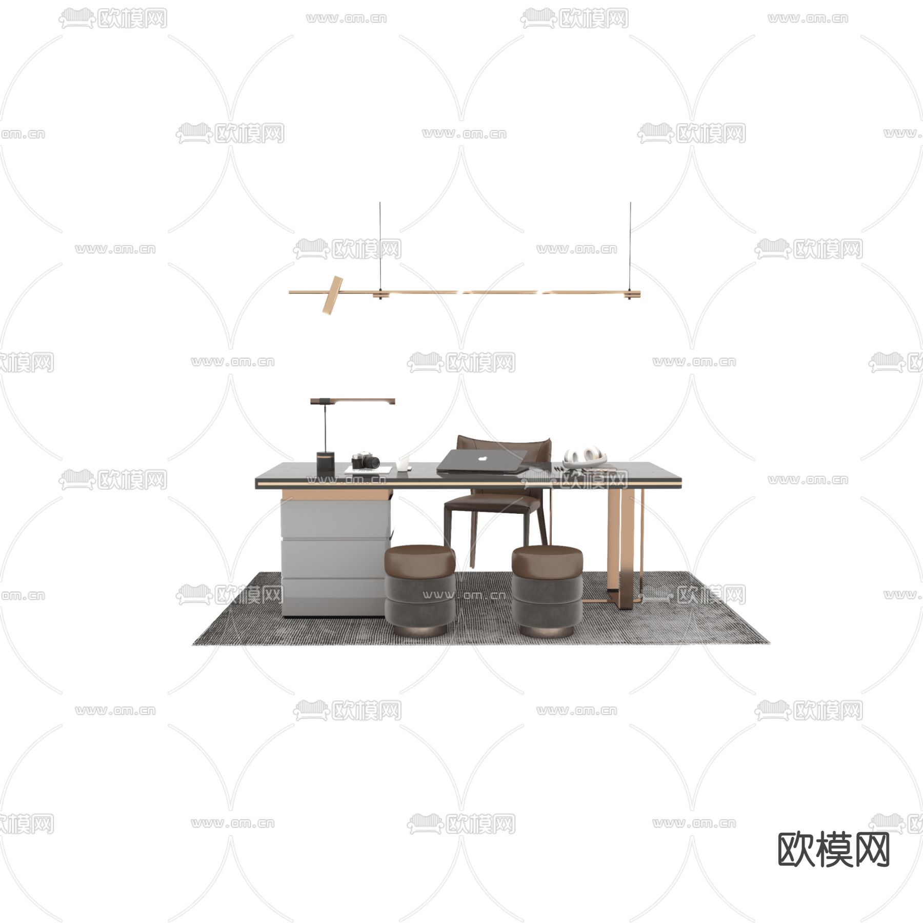 现代轻奢创意不锈钢实木书桌椅免费3d模型下载