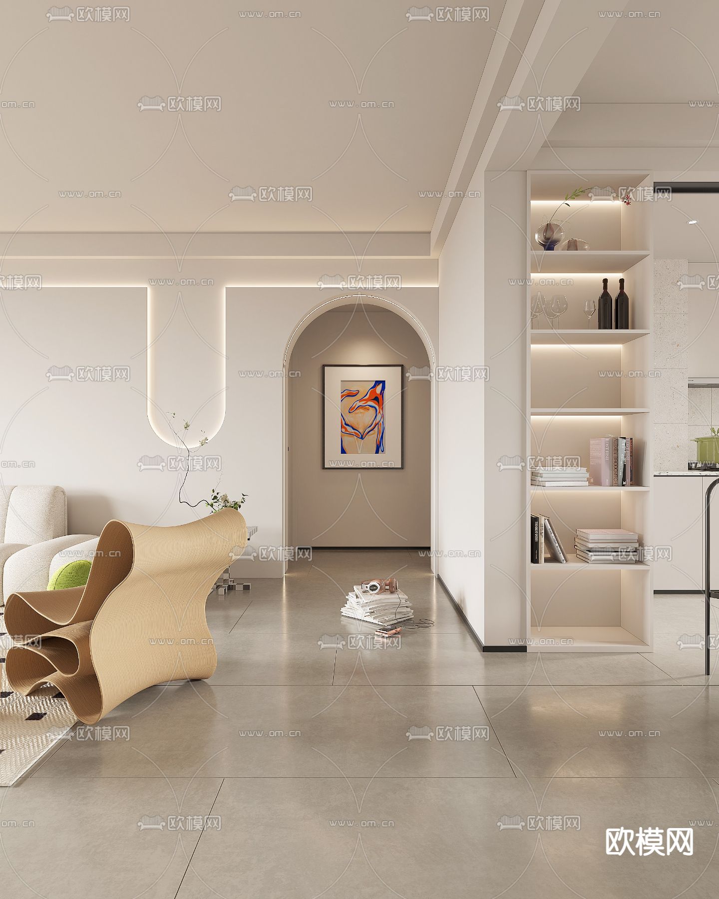 现代奶油风客餐厅3d模型下载（渲染图4）