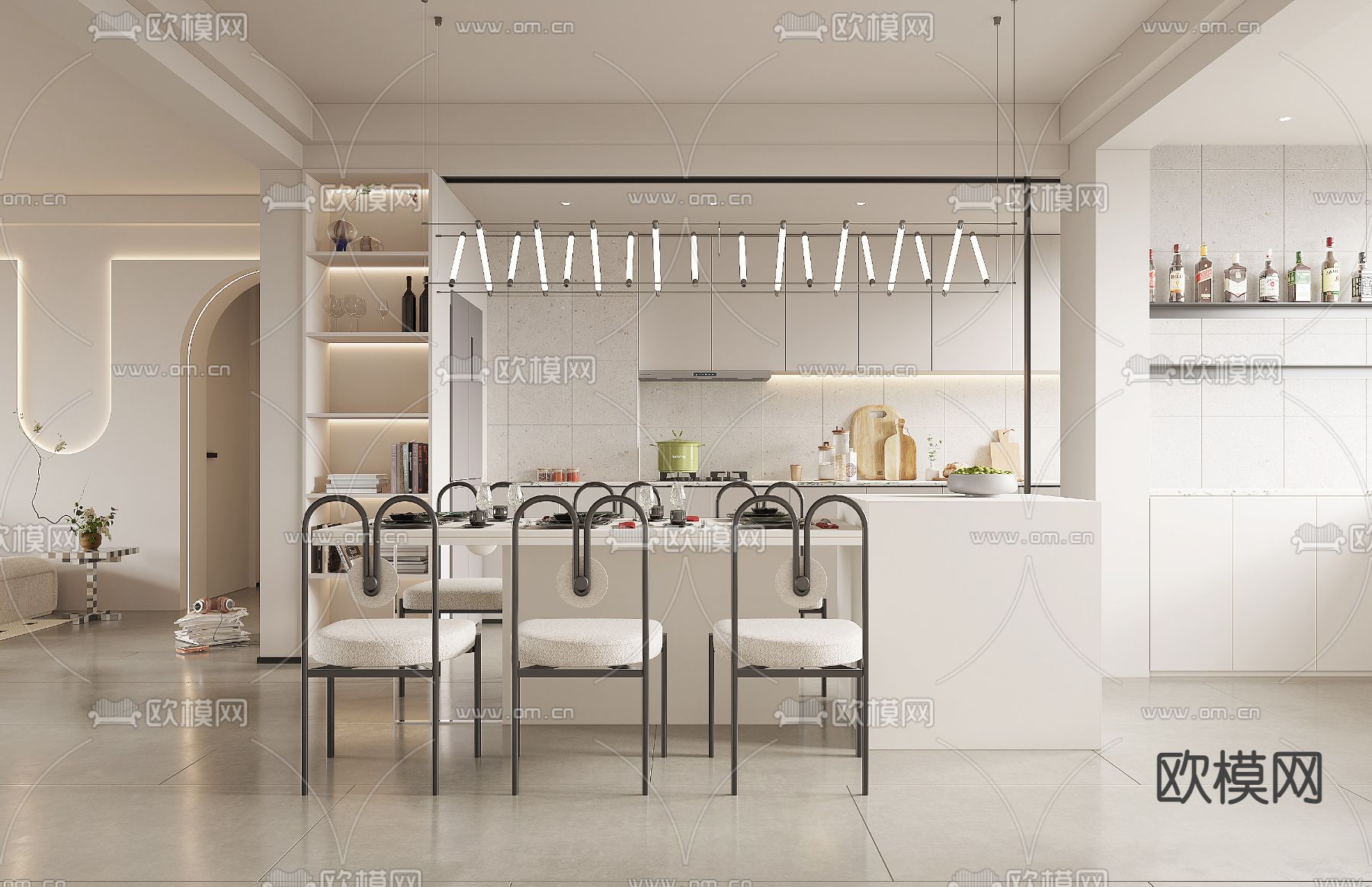 现代奶油风客餐厅3d模型下载（渲染图3）