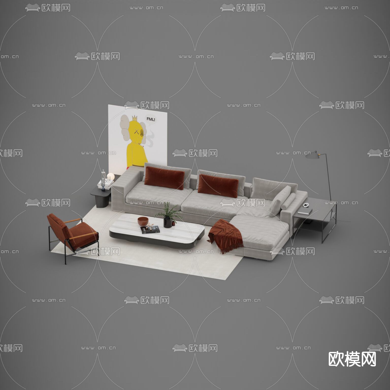 现代简约创意布艺不锈钢沙发组合免费3d模型下载