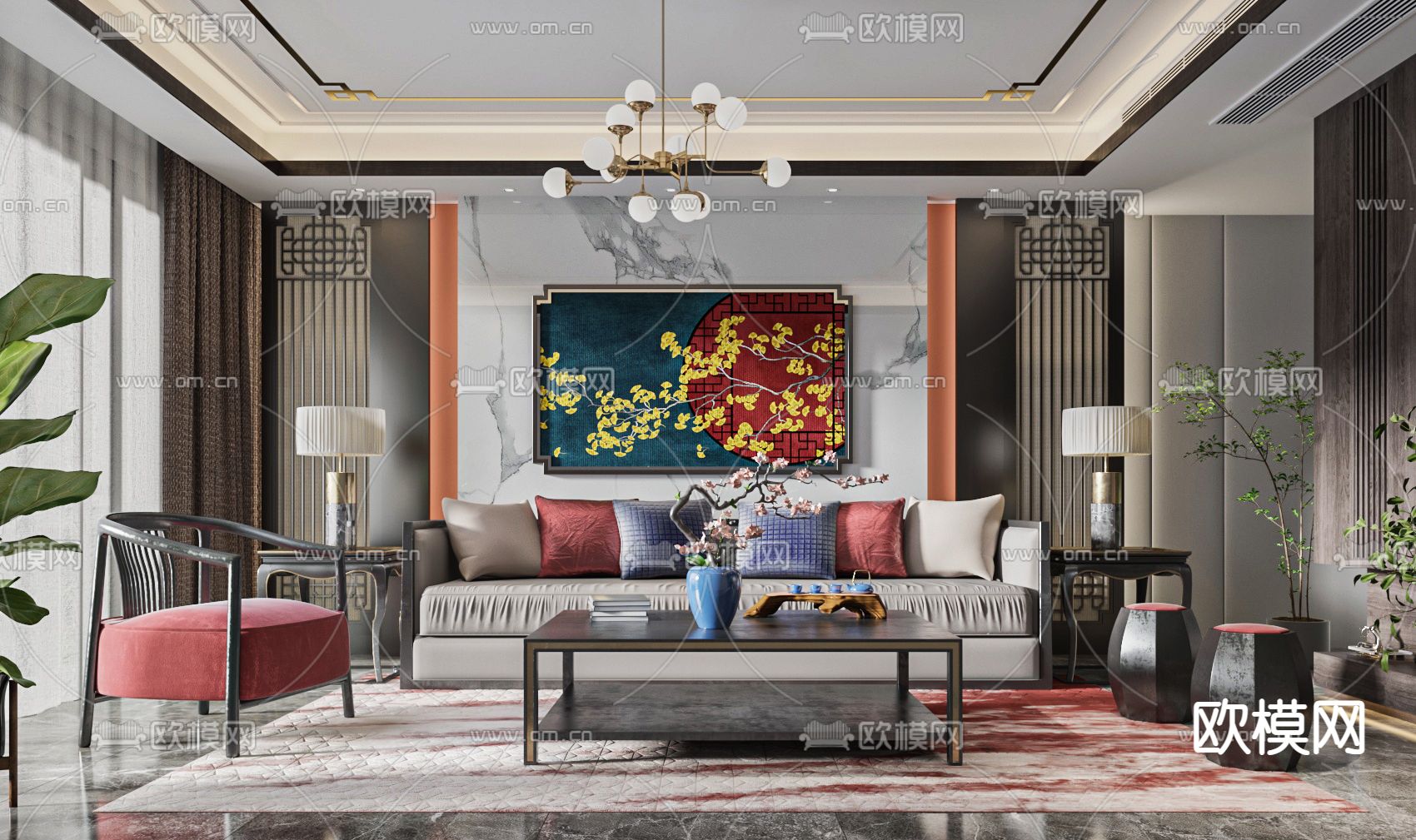新中式客厅3d模型下载_ID12133857_3dmax免费模型-欧模网