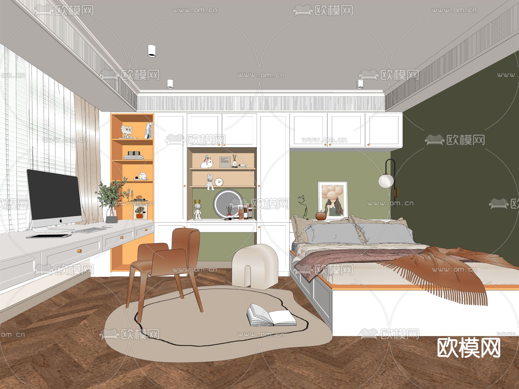 北欧榻榻米卧室su模型下载（渲染图1）