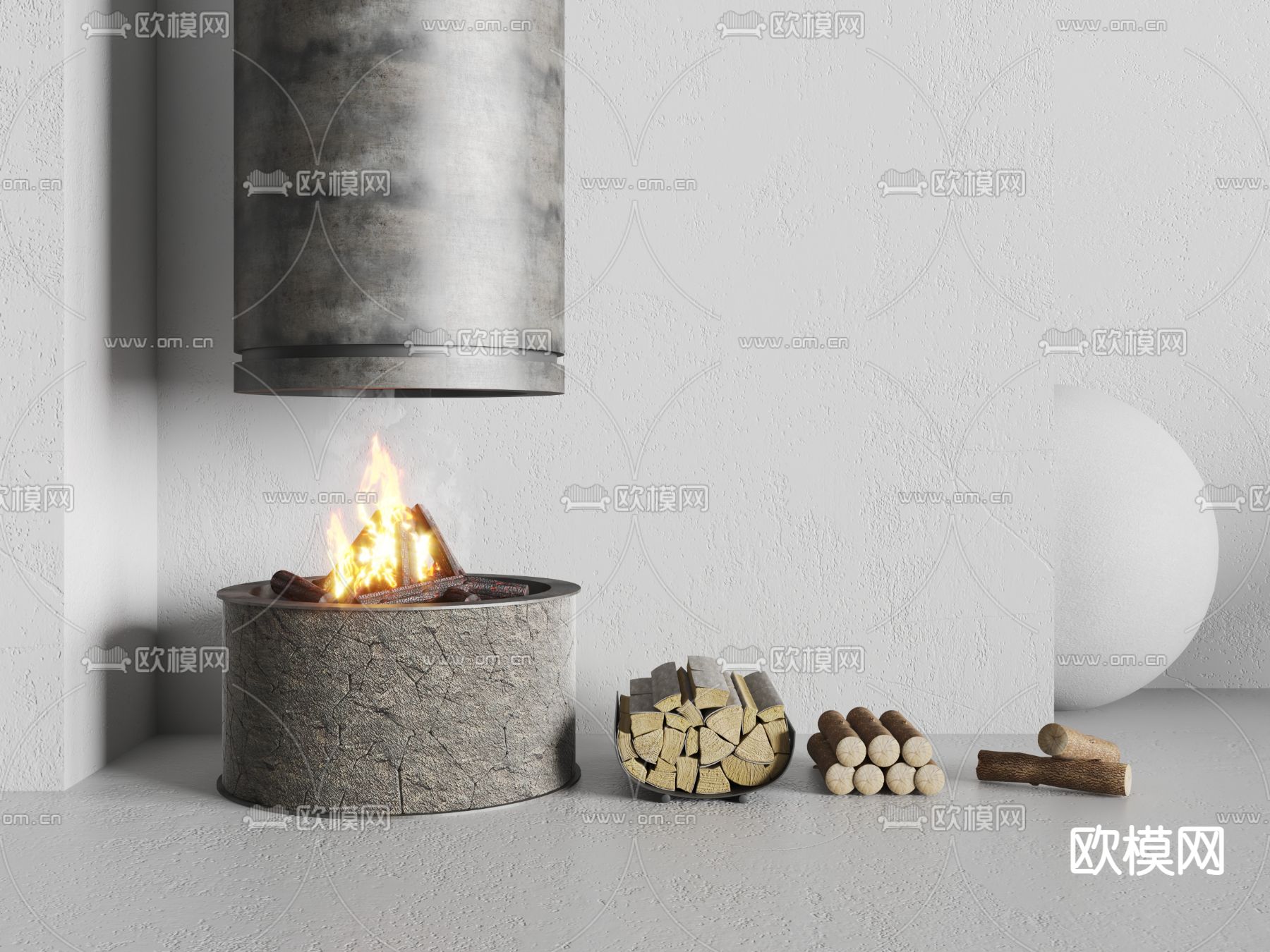 现代圆形壁炉 篝火su模型下载（渲染图1）