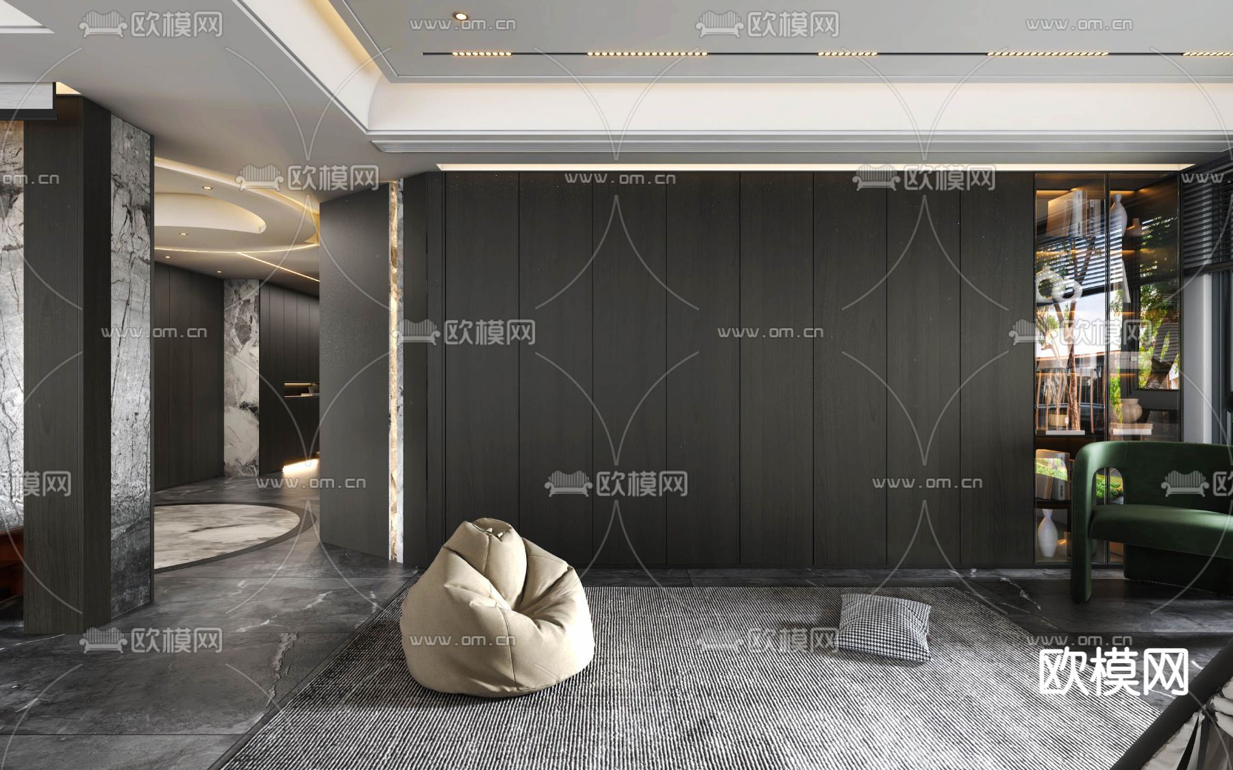 现代高级灰客厅餐厅3d模型下载（渲染图4）