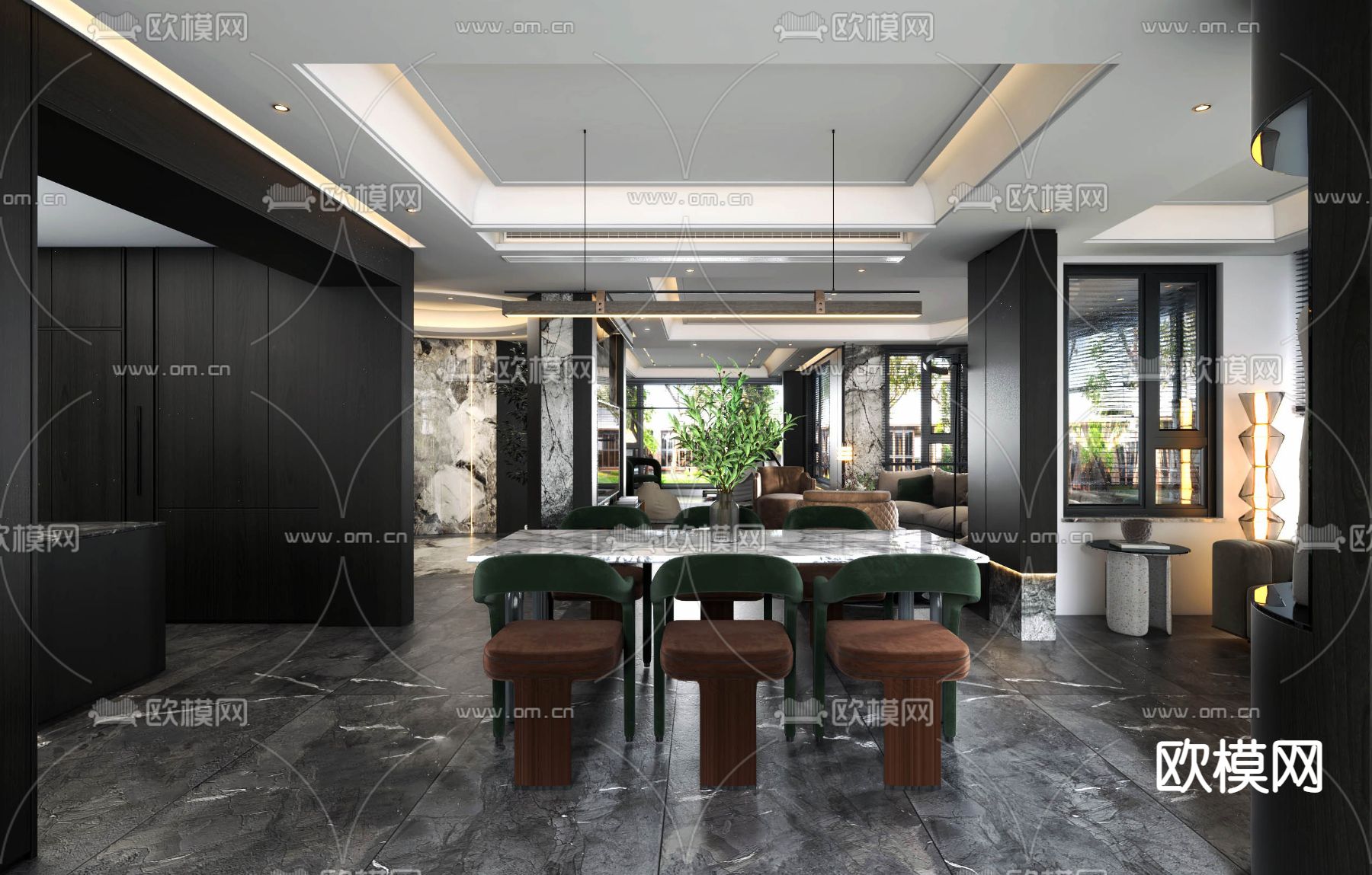 现代高级灰客厅餐厅3d模型下载（渲染图1）