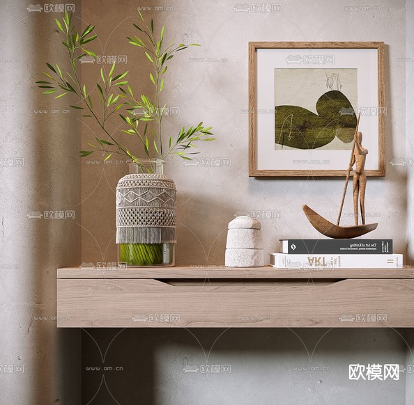 侘寂风书籍植物挂画花瓶摆件3d模型下载