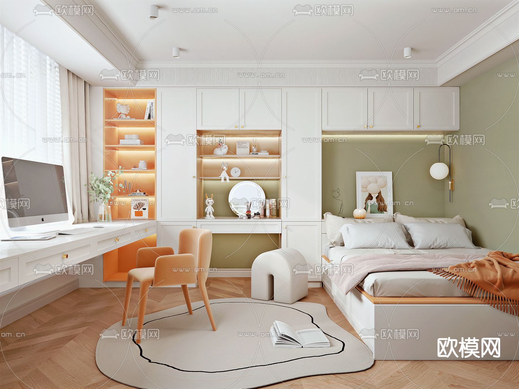 北欧榻榻米卧室su模型下载（渲染图2）