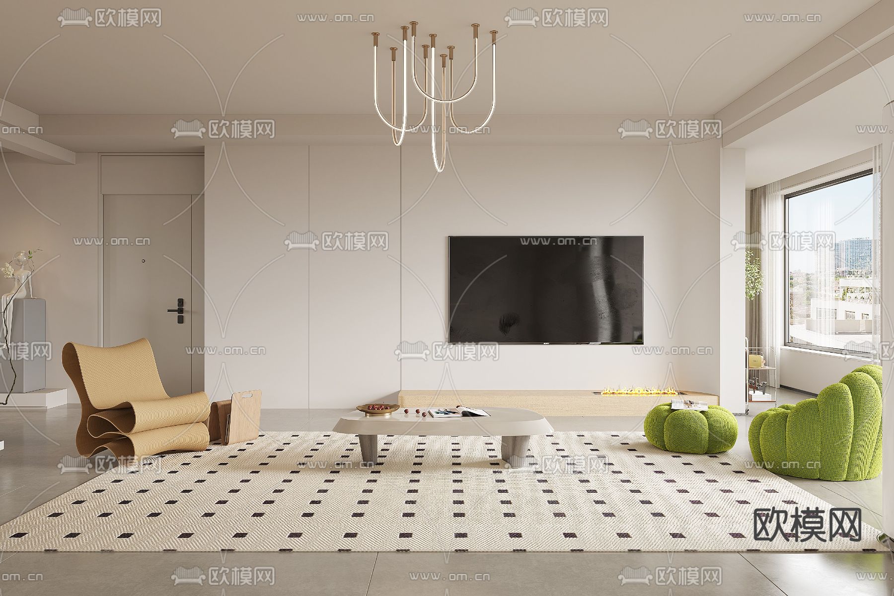 现代奶油风客餐厅3d模型下载（渲染图2）