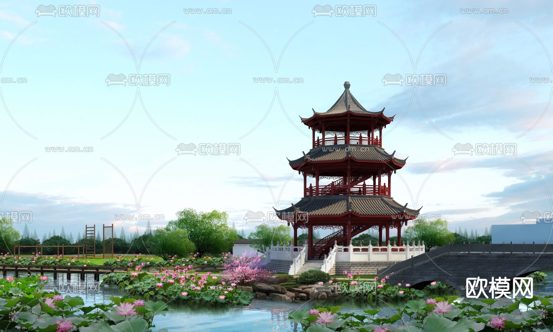中式古塔外观湿地公园psd下载