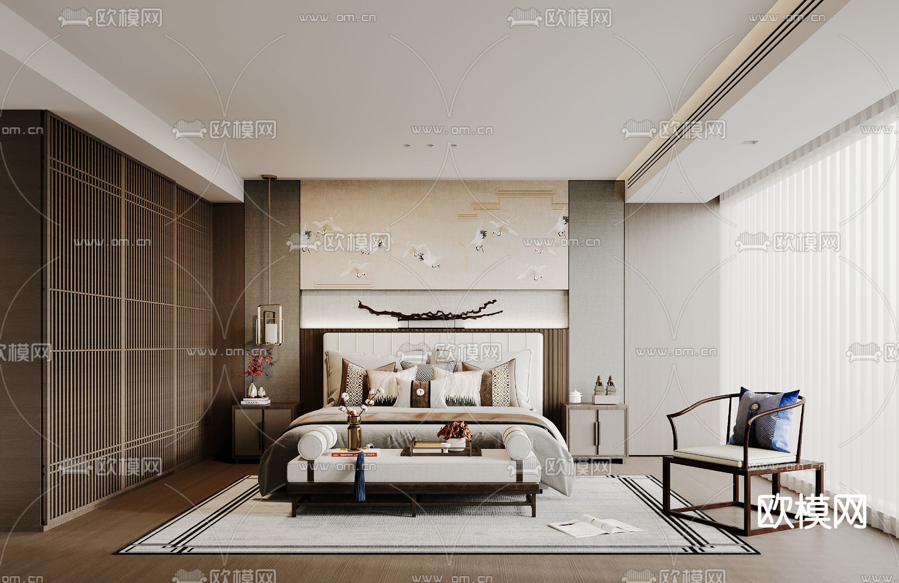 新中式轻奢卧室 主人房3d模型下载（渲染图1）
