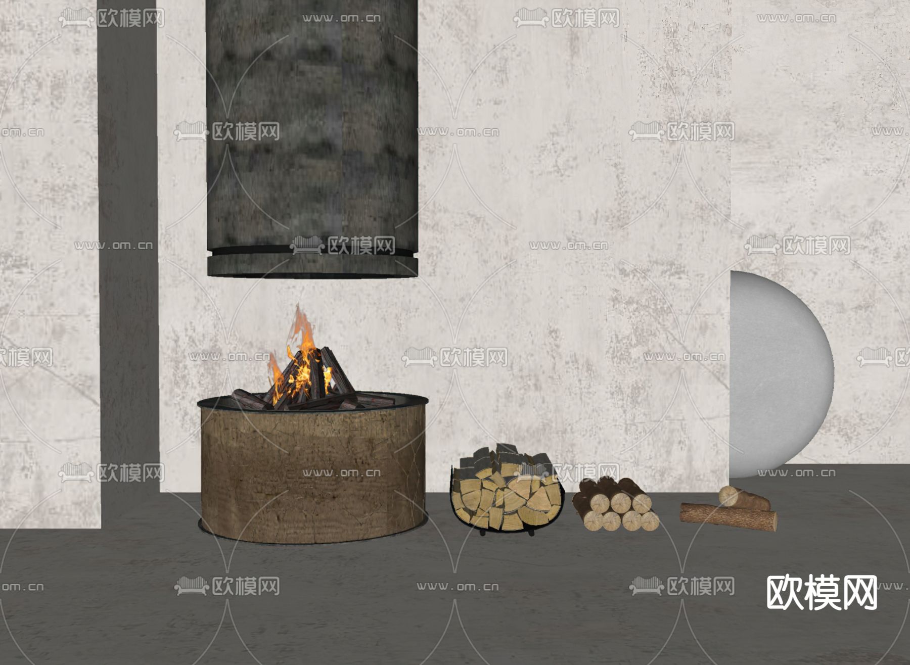 现代圆形壁炉 篝火su模型下载（渲染图2）