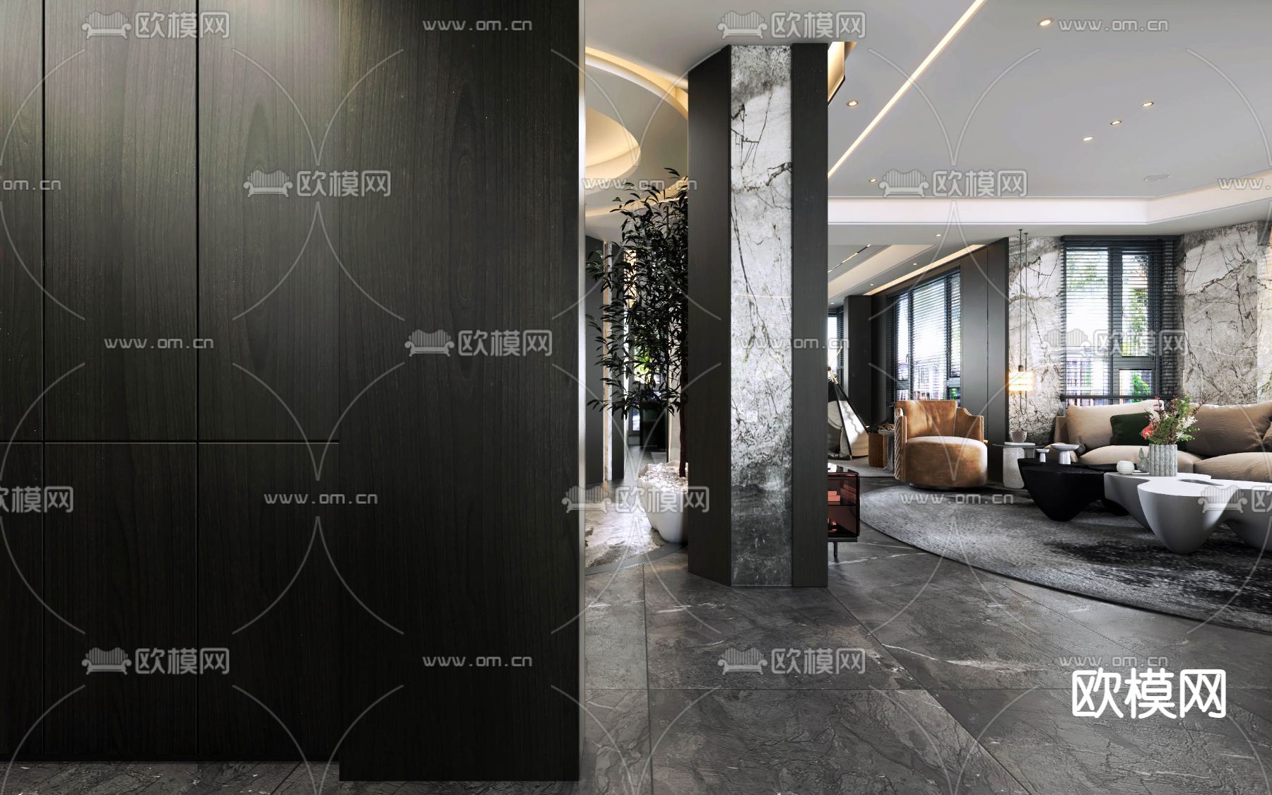 现代高级灰客厅餐厅3d模型下载（渲染图2）