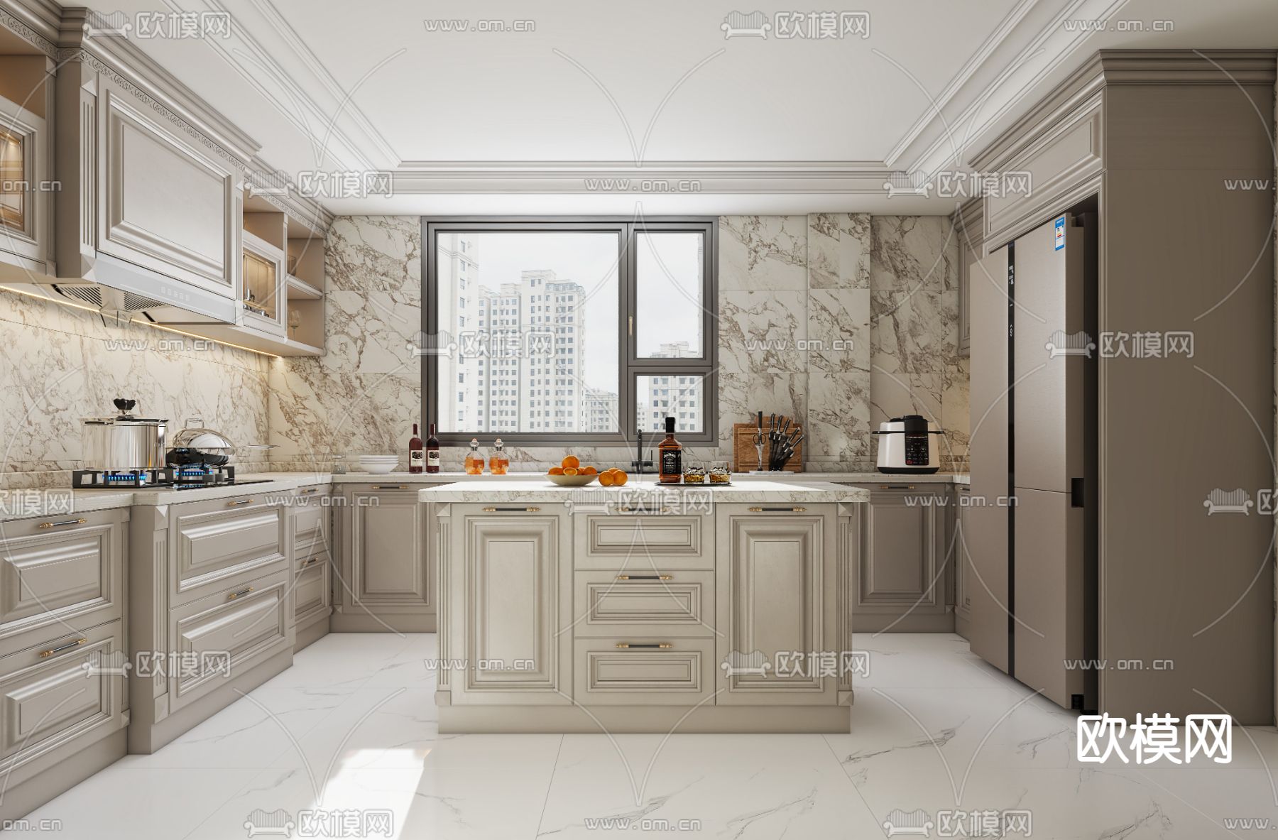 简欧开放式厨房3d模型下载