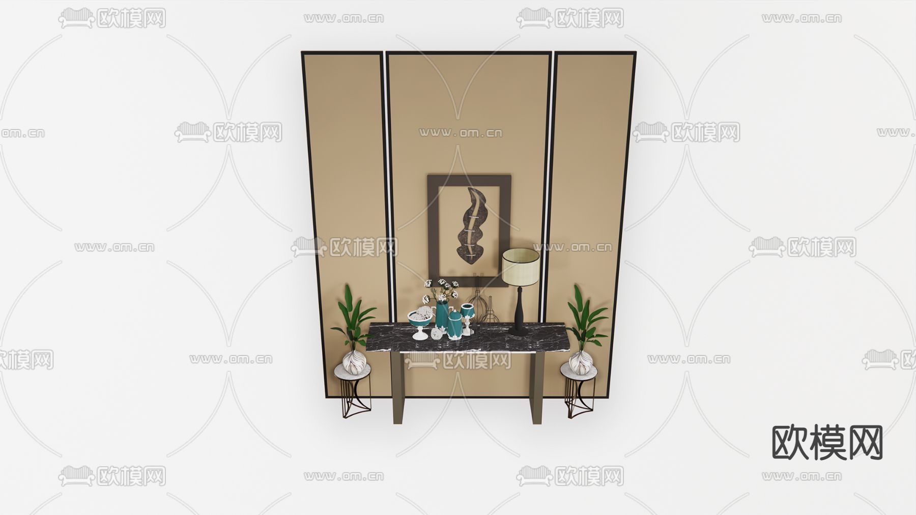 新中式玄关条案 背景墙su模型下载（渲染图1）