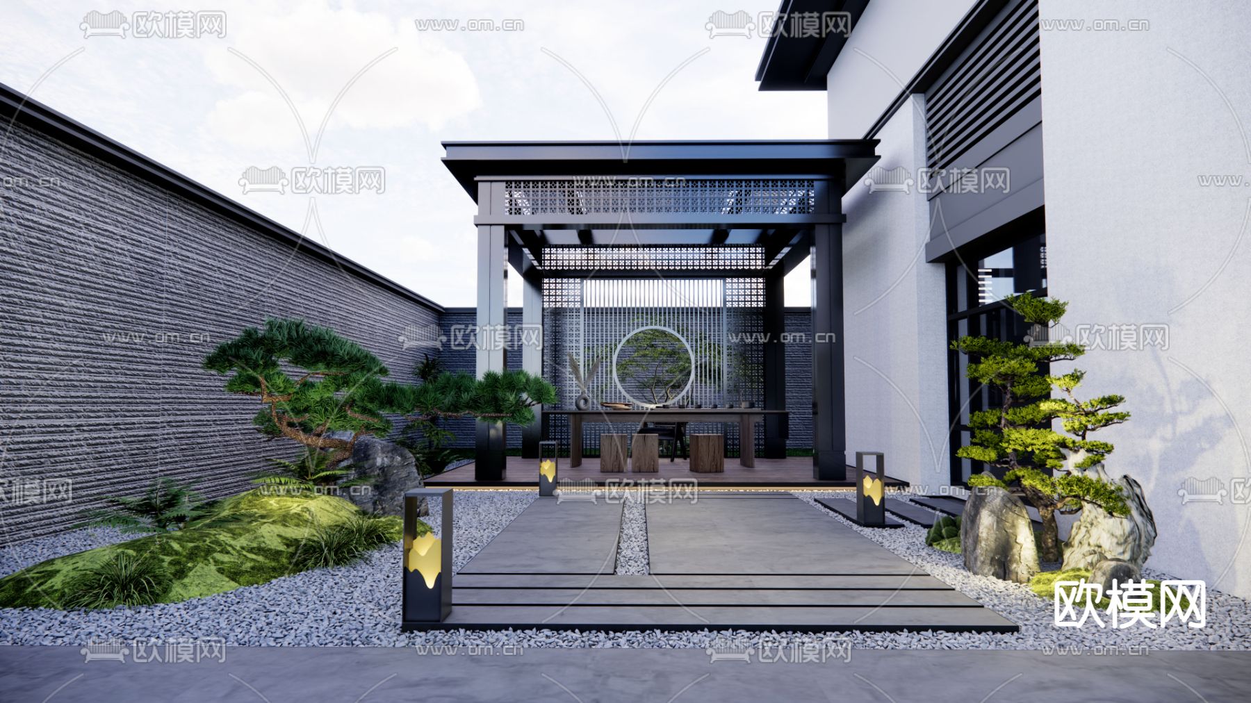 新中式别墅庭院花园su模型下载_ID12129768_sketchup模型下载-欧模网
