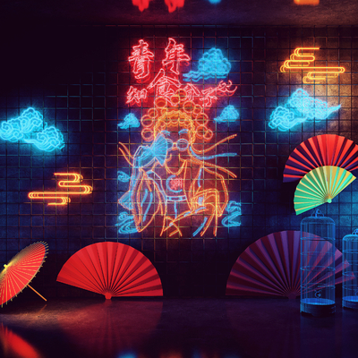  新中式国潮京剧霓虹灯 打卡墙su模型 