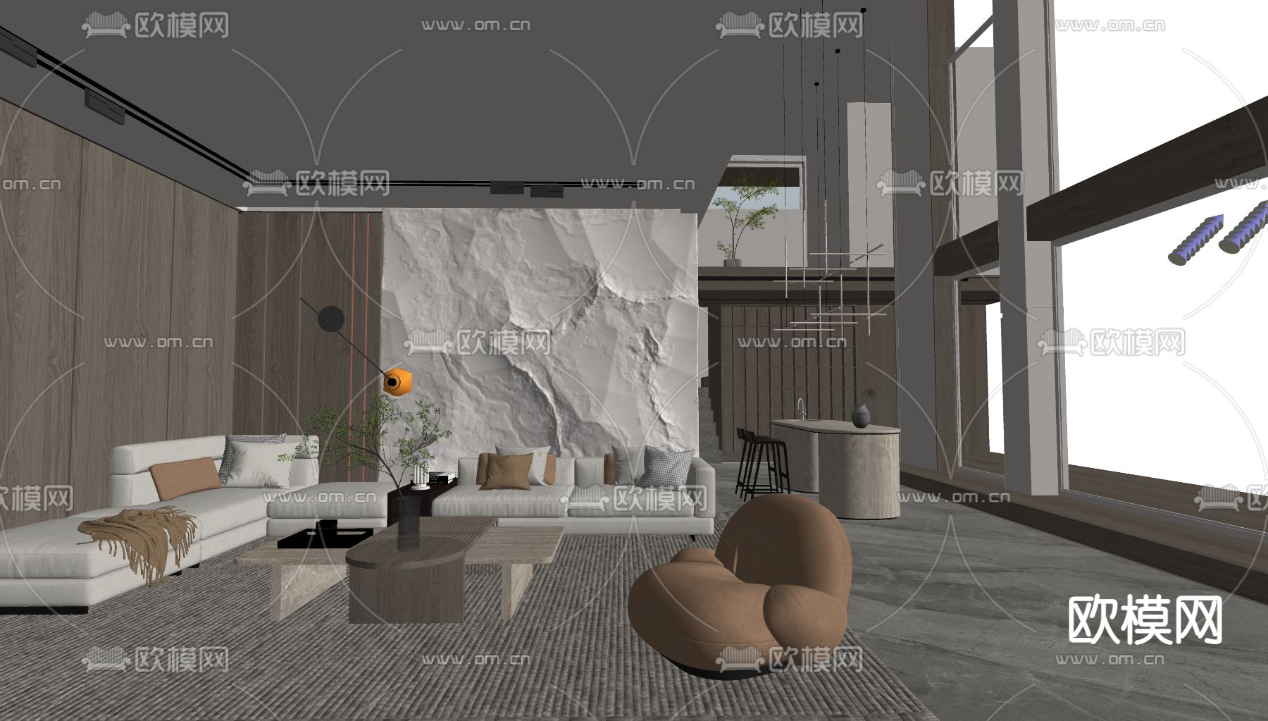 现代复式别墅客厅su模型下载（渲染图2）