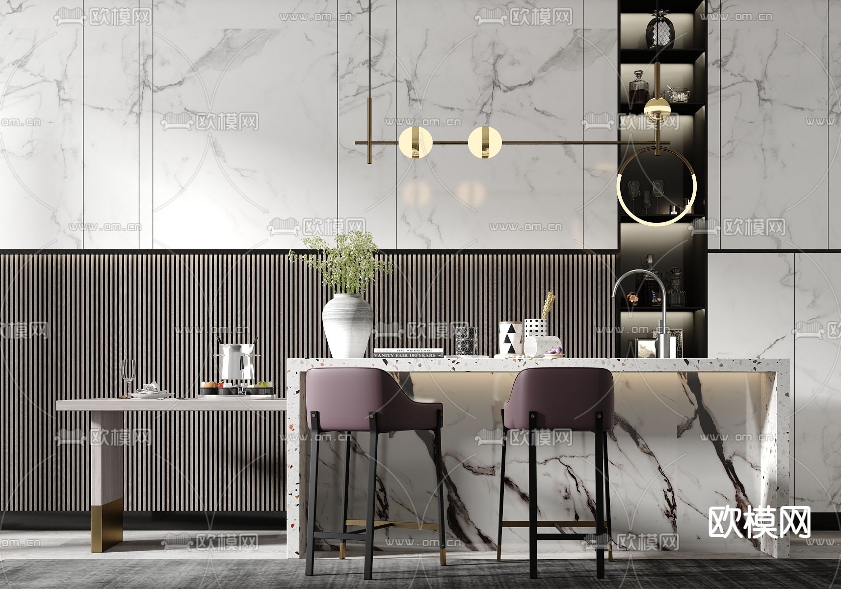 现代大理石吧台桌椅 岛台3d模型下载