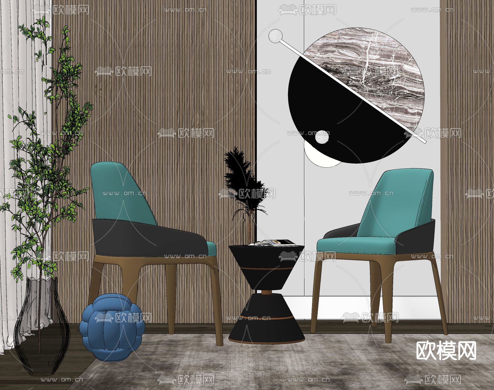 现代轻奢休闲椅角几摆设组合su模型下载（渲染图2）