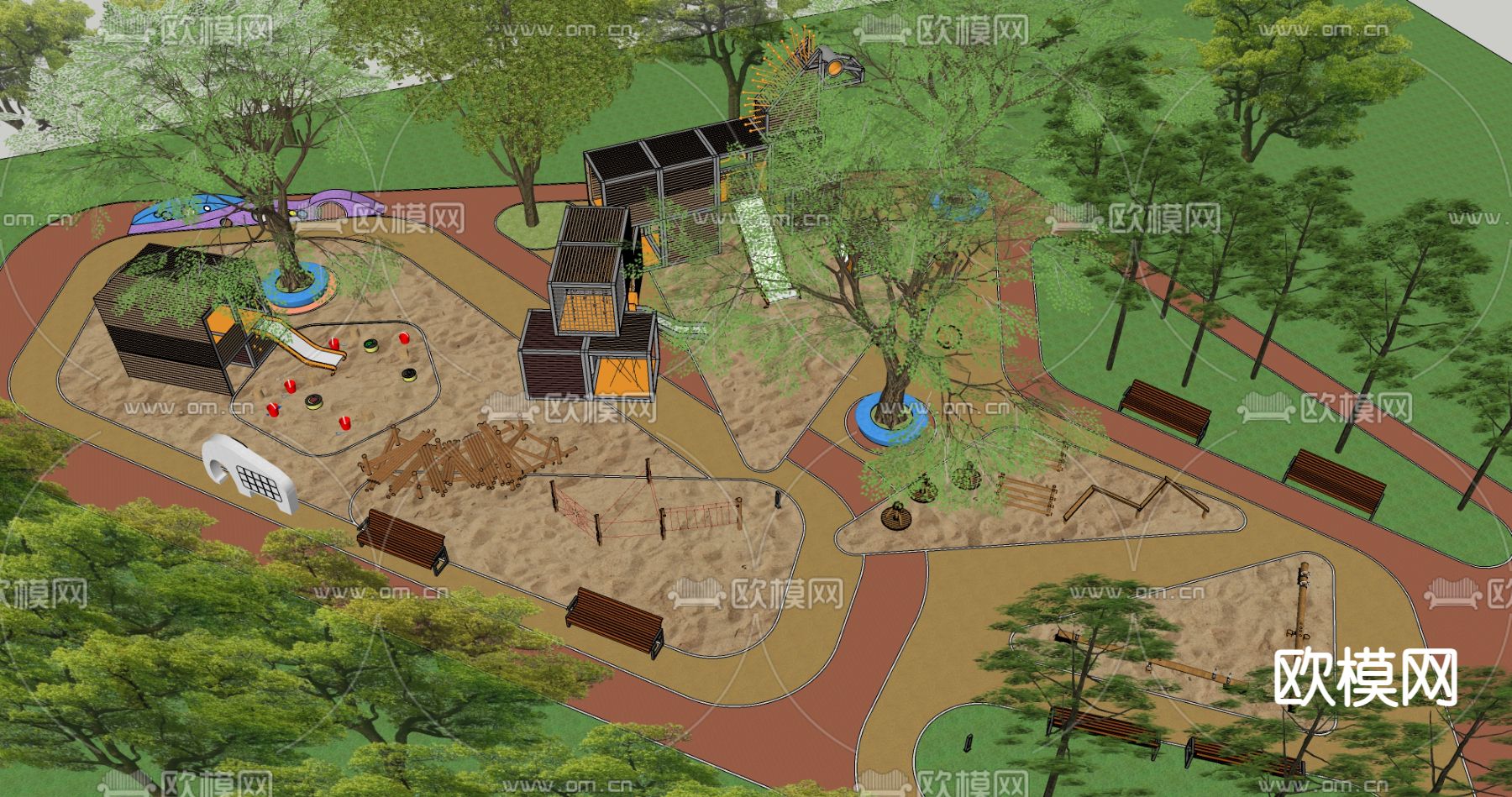 现代户外拓展亲子儿童活动乐园su模型下载（渲染图2）