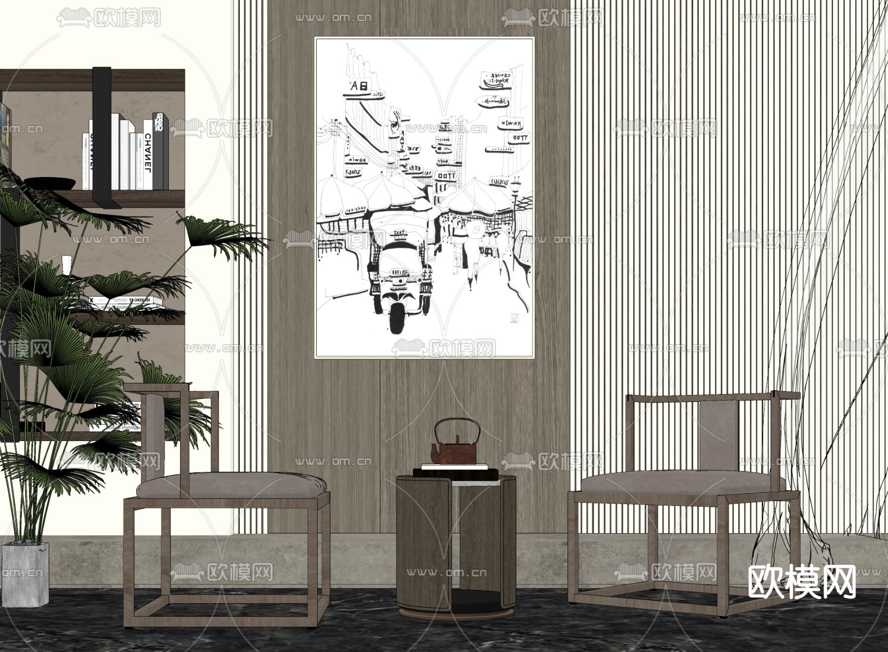 新中式轻奢休闲椅茶几su模型下载（渲染图2）