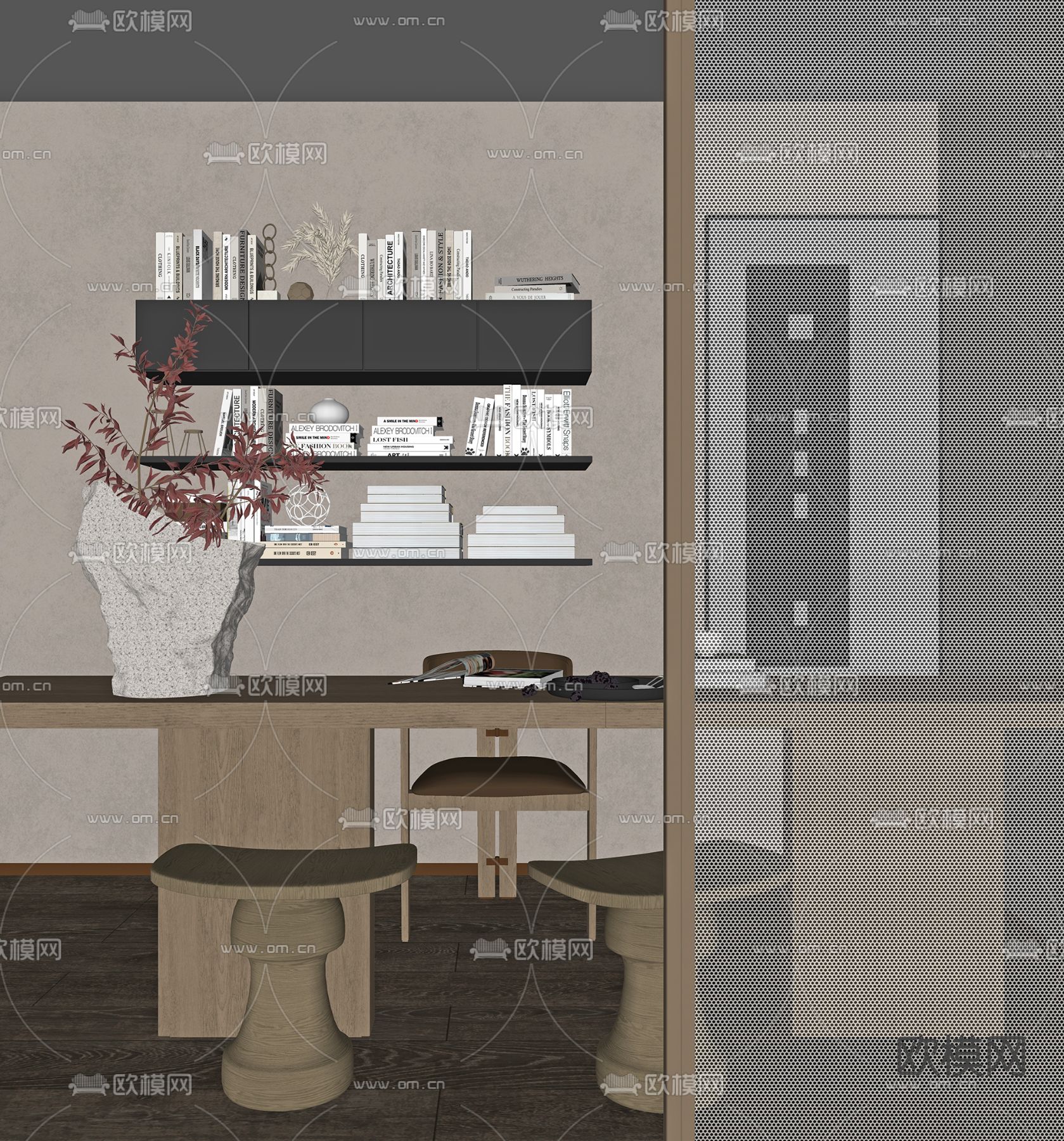 新中式茶桌椅su模型下载（渲染图2）