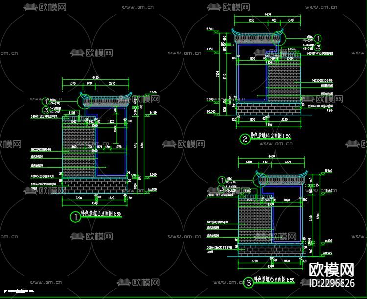 新中式文化景墙cad大样图下载（渲染图1）