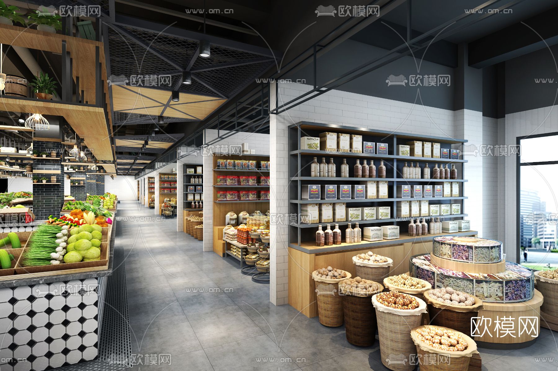 工业风超市场果蔬干货区3d模型下载（渲染图2）