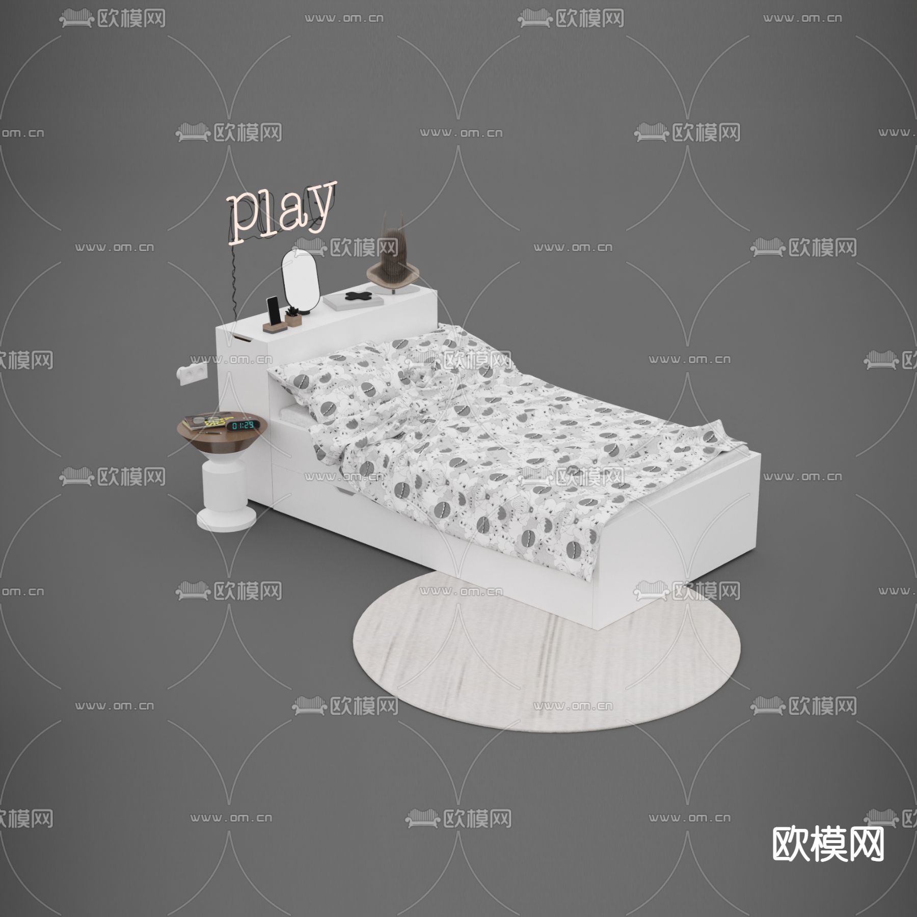 现代简约实木布艺儿童床免费3d模型下载