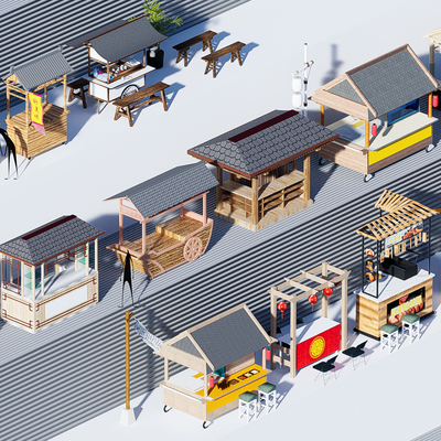  新中式售货摊 小吃摊 夜宵摊 水果摊su模型 