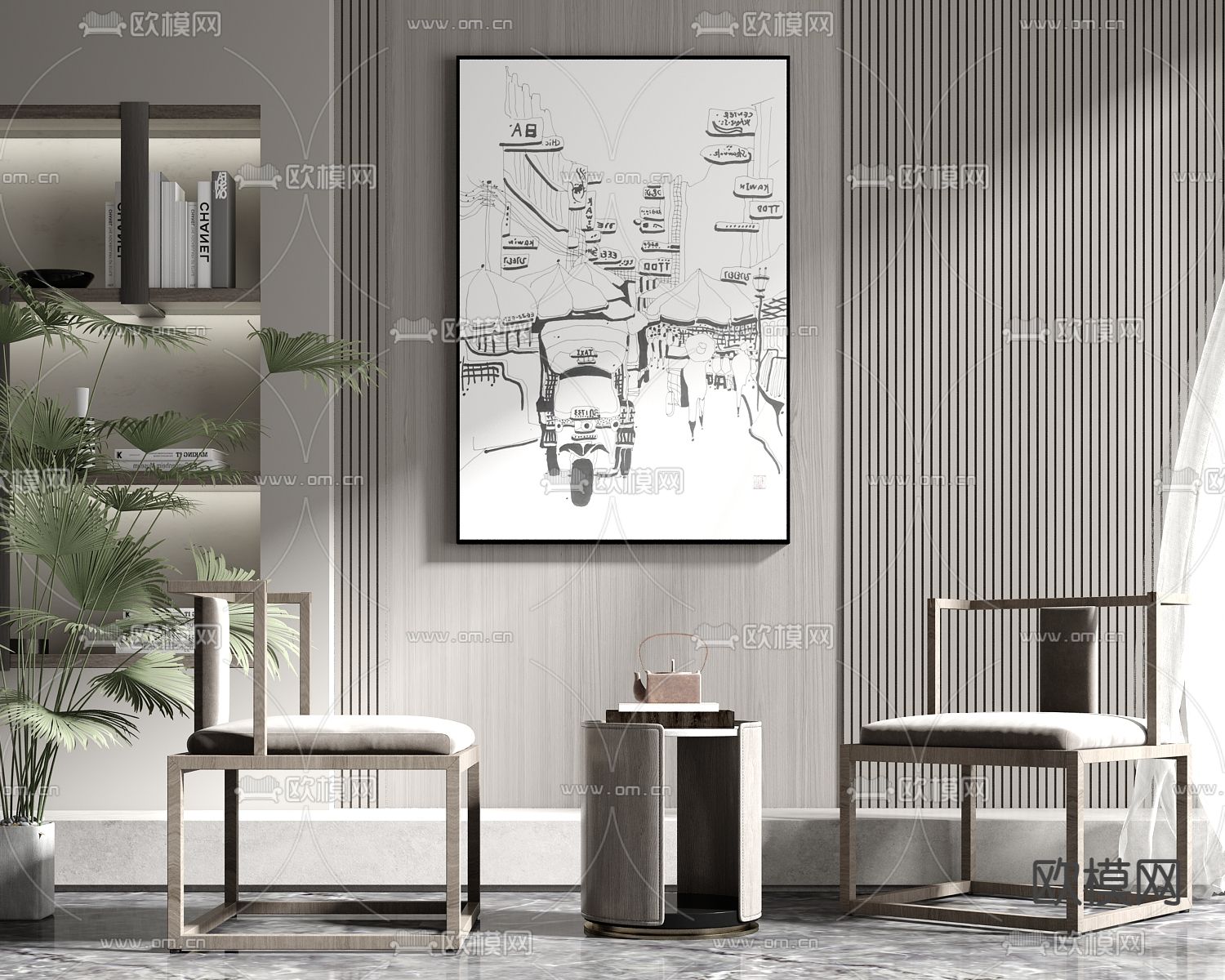 新中式轻奢休闲椅茶几su模型下载（渲染图1）